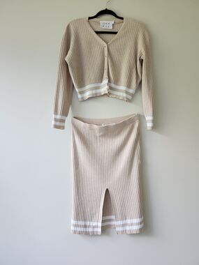 OKAKIE Ribbed Knit Two-Piece Set in Beige with White Trim